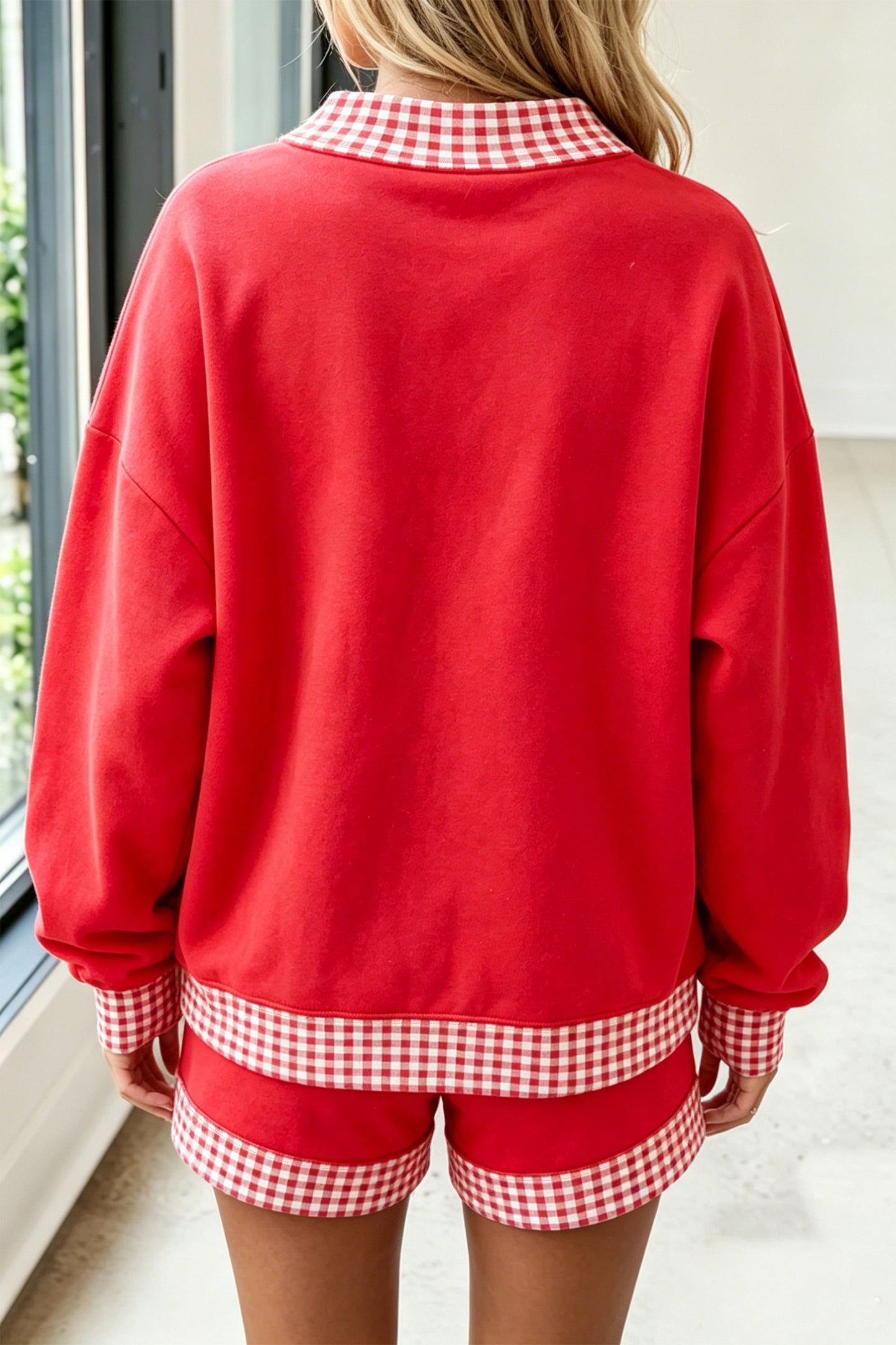 Carrot Gingham Trim Baggy Pullover 2pcs Short Set