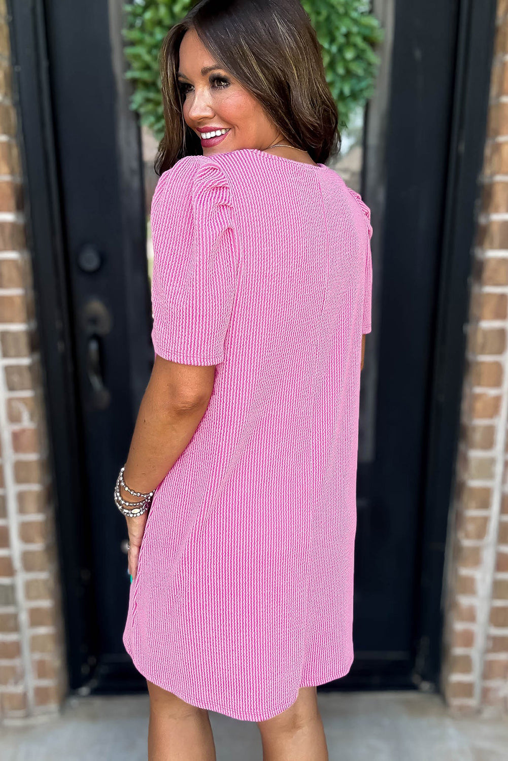 Blossom Corded Knit Crew Neck Puff Sleeve Shift Mini Dress