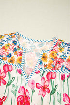 Pink Plus Size Floral Print Striped Trim V Neck Blouse