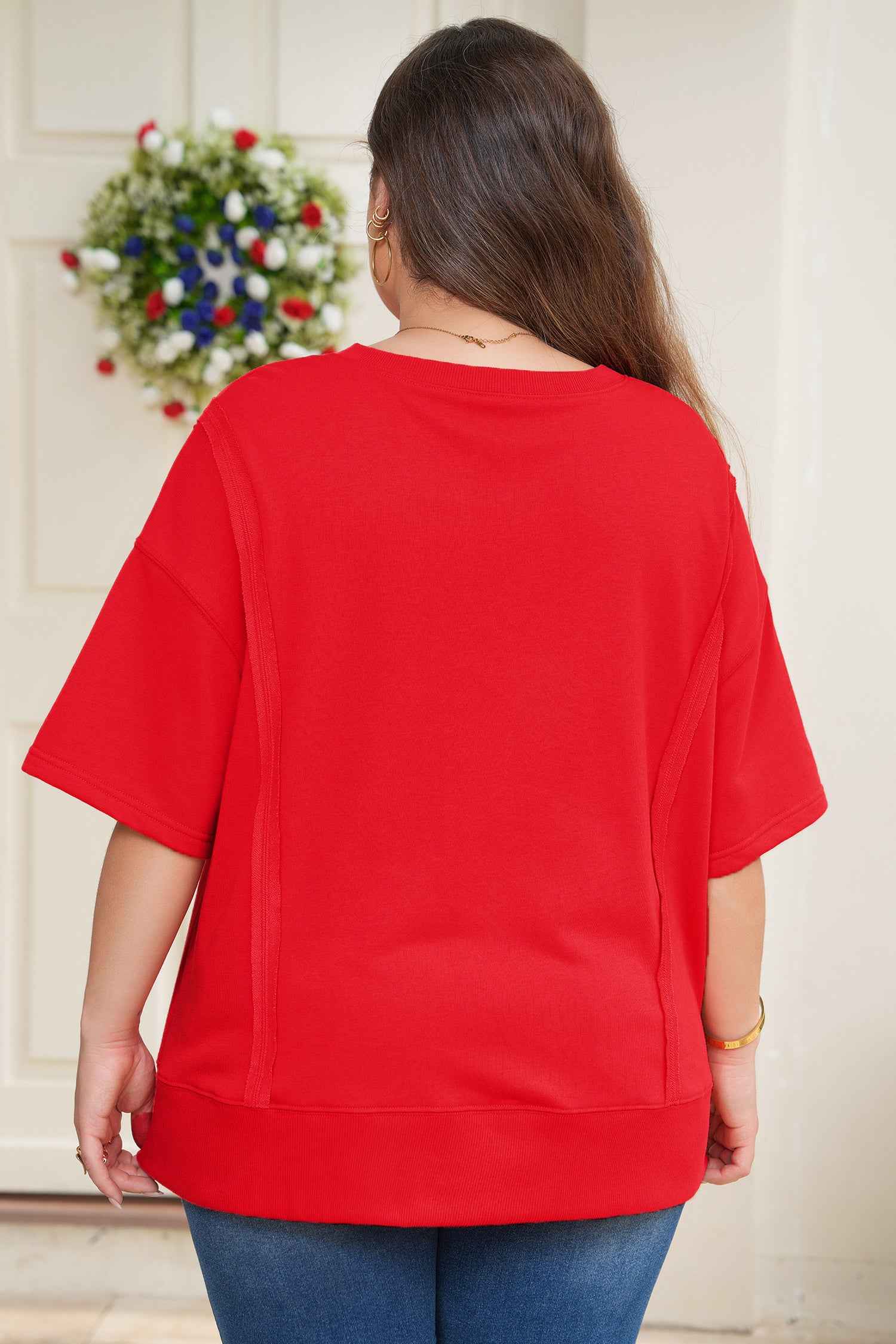 Fiery Red Plus Size Solid Color Notched Neck Seam Detail Patchwork Short Sleeve Top