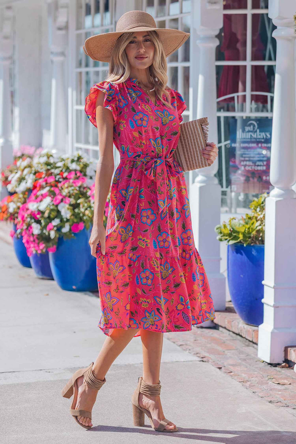 Rose Flutter Sleeve Belted Floral Long Dress