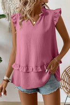 Four Leaf Clover Notched V Neck Ruffle Detail Tank Top