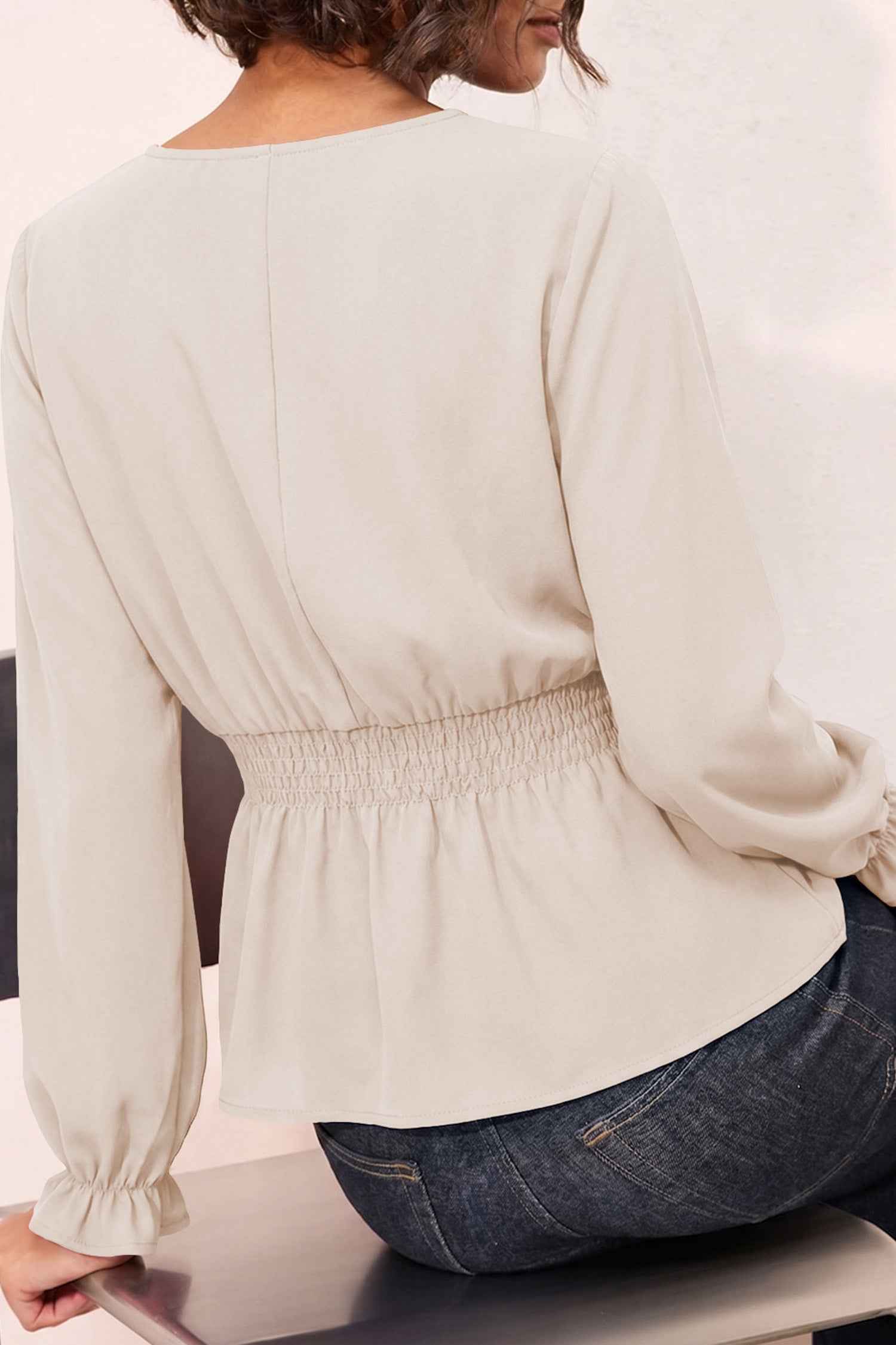 Oatmeal V Neck Long Sleeve Smocked Waist Shift Top Pullover