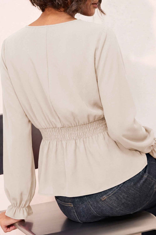 Oatmeal V Neck Long Sleeve Smocked Waist Shift Top Pullover