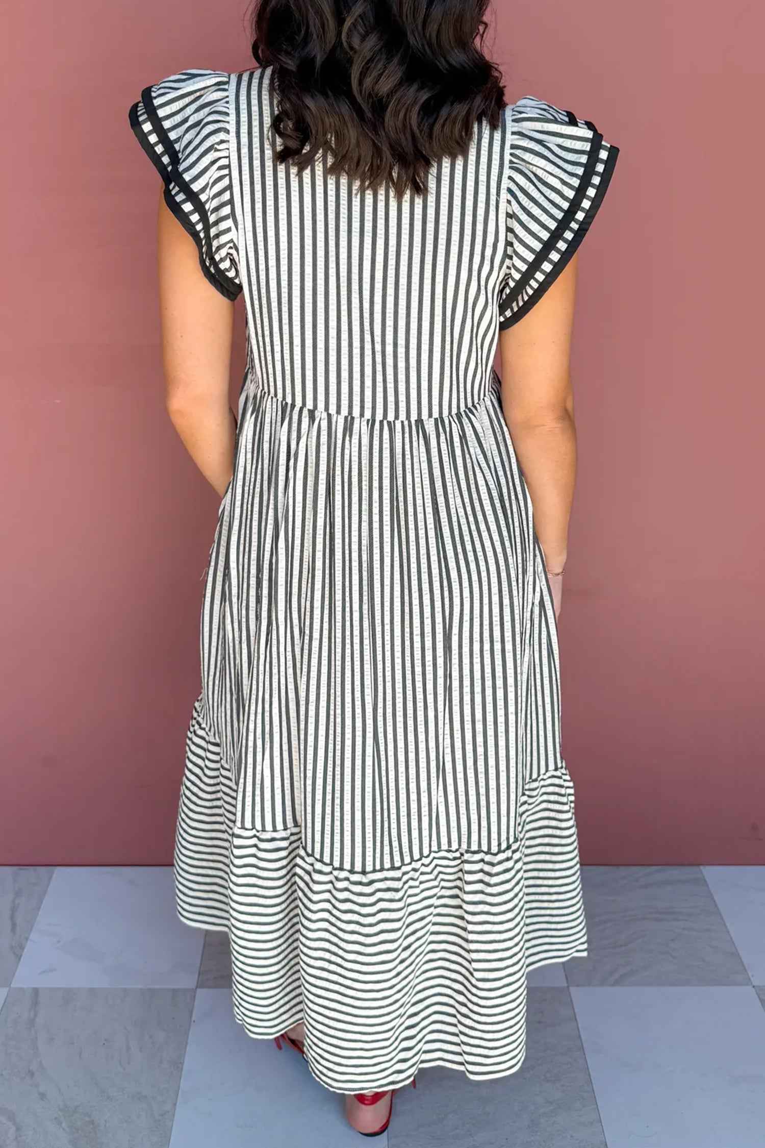Black Stripe Plus Size Slit V Neck Tiered Flutter Sleeve Maxi Dress