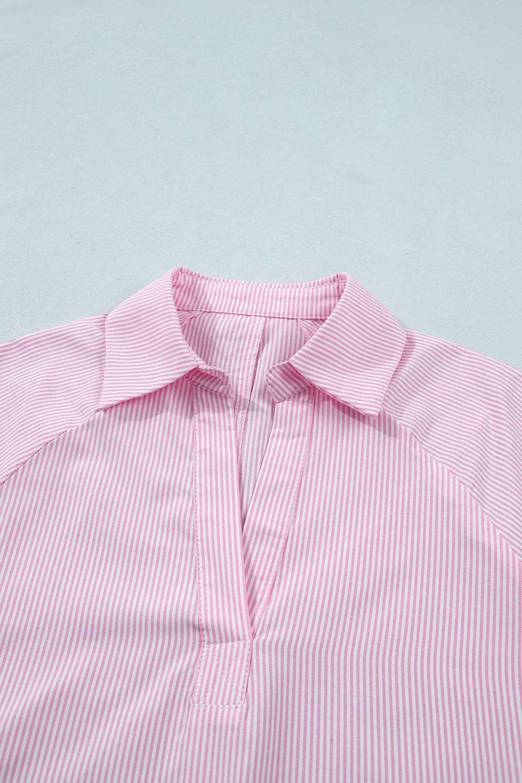 Pink Striped Print Collared Split Neck Half Sleeve Blouse
