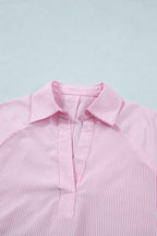 Pink Striped Print Collared Split Neck Half Sleeve Blouse