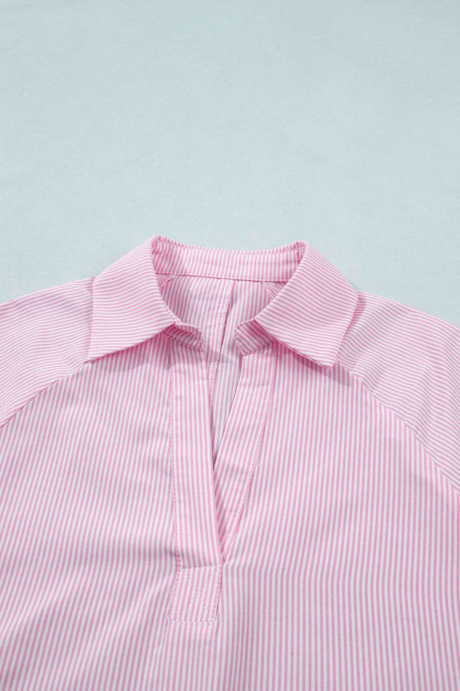 Pink Striped Print Collared Split Neck Half Sleeve Blouse