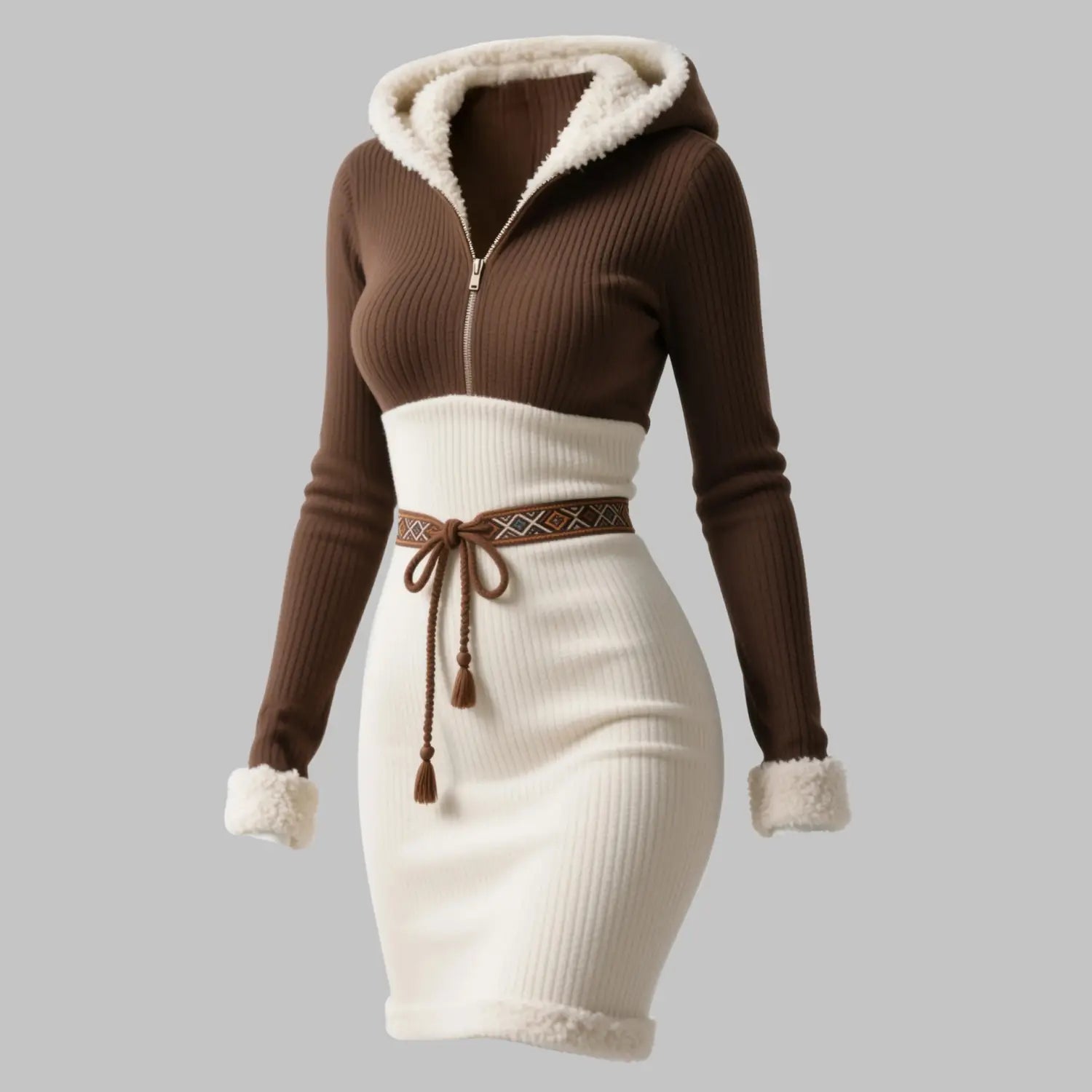 Vintage Ethnic Style Zip-Up Hooded Fitted Dress for Women