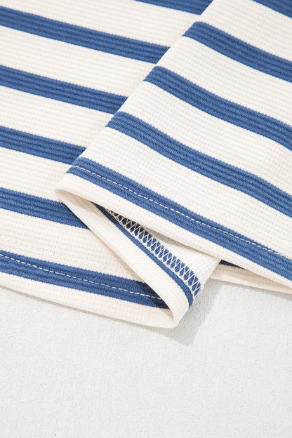 Blue Stripe Short Puff Sleeve Color Block Polo Collar Blouse