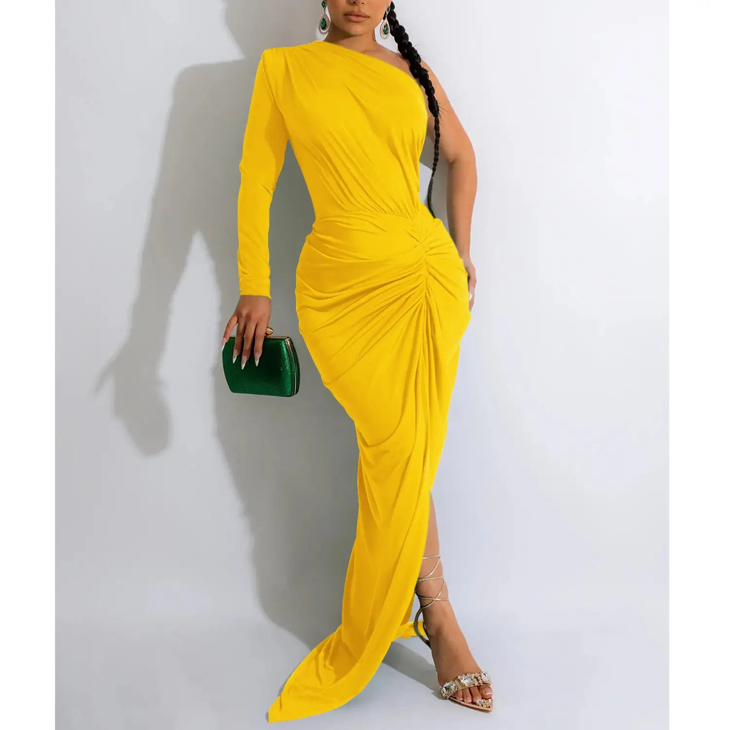 Fashion women’s solid color asymmetrical neck single long sleeve long dress with pleats
