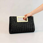 Elegant Striped Woven Clutch Metal Handle Chain Strap