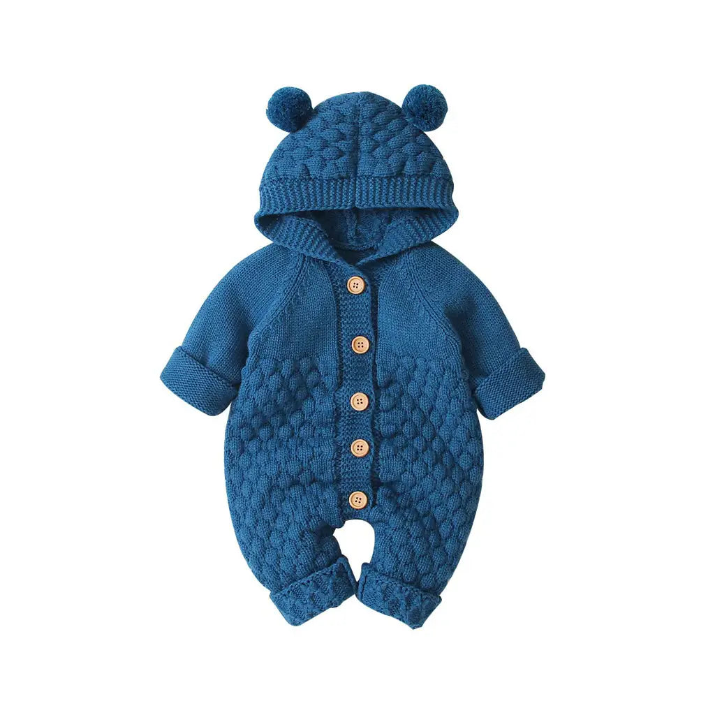Children’s three-dimensional fur ball hooded solid color knitted jumpsuit