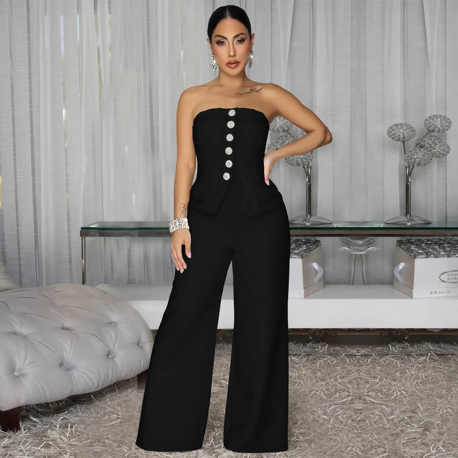 Fashion women’s sexy strapless backless casual wide-leg jumpsuit