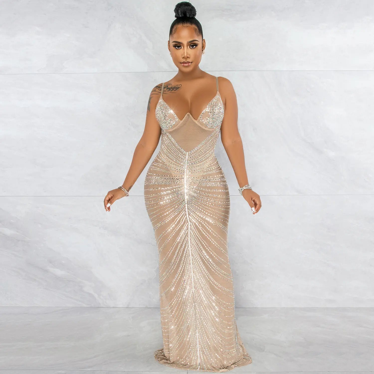 Fashion sexy beaded strapless sheer mesh long dress
