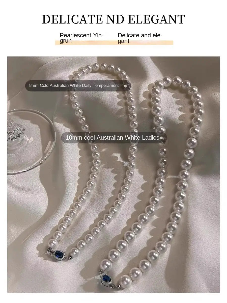 Natural mother-of-pearl pearl necklace silver blue gem clasp high luster premium quality pearl australian white necklace