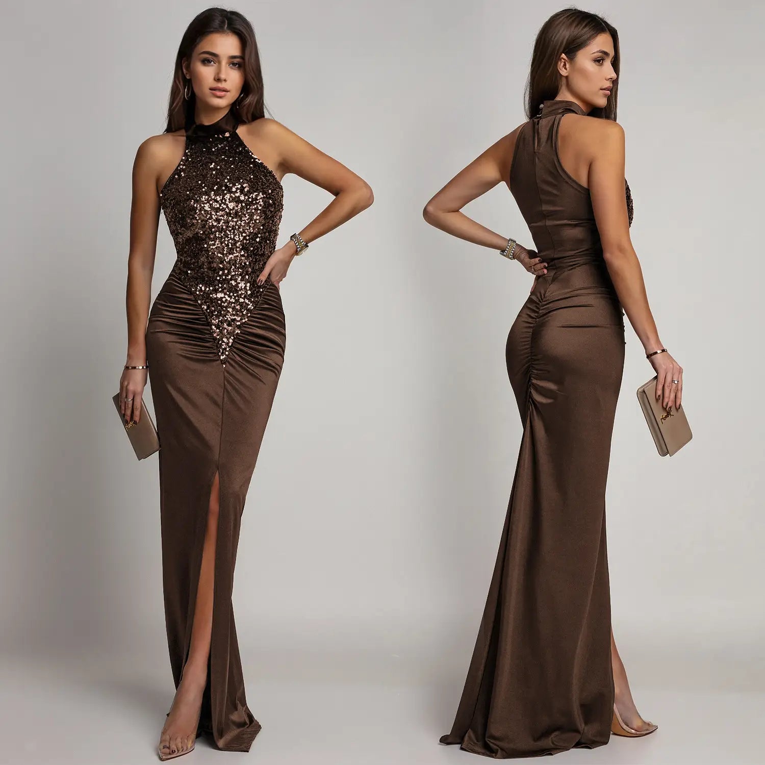 Fashion women’s sexy fitted sequin velvet split dress
