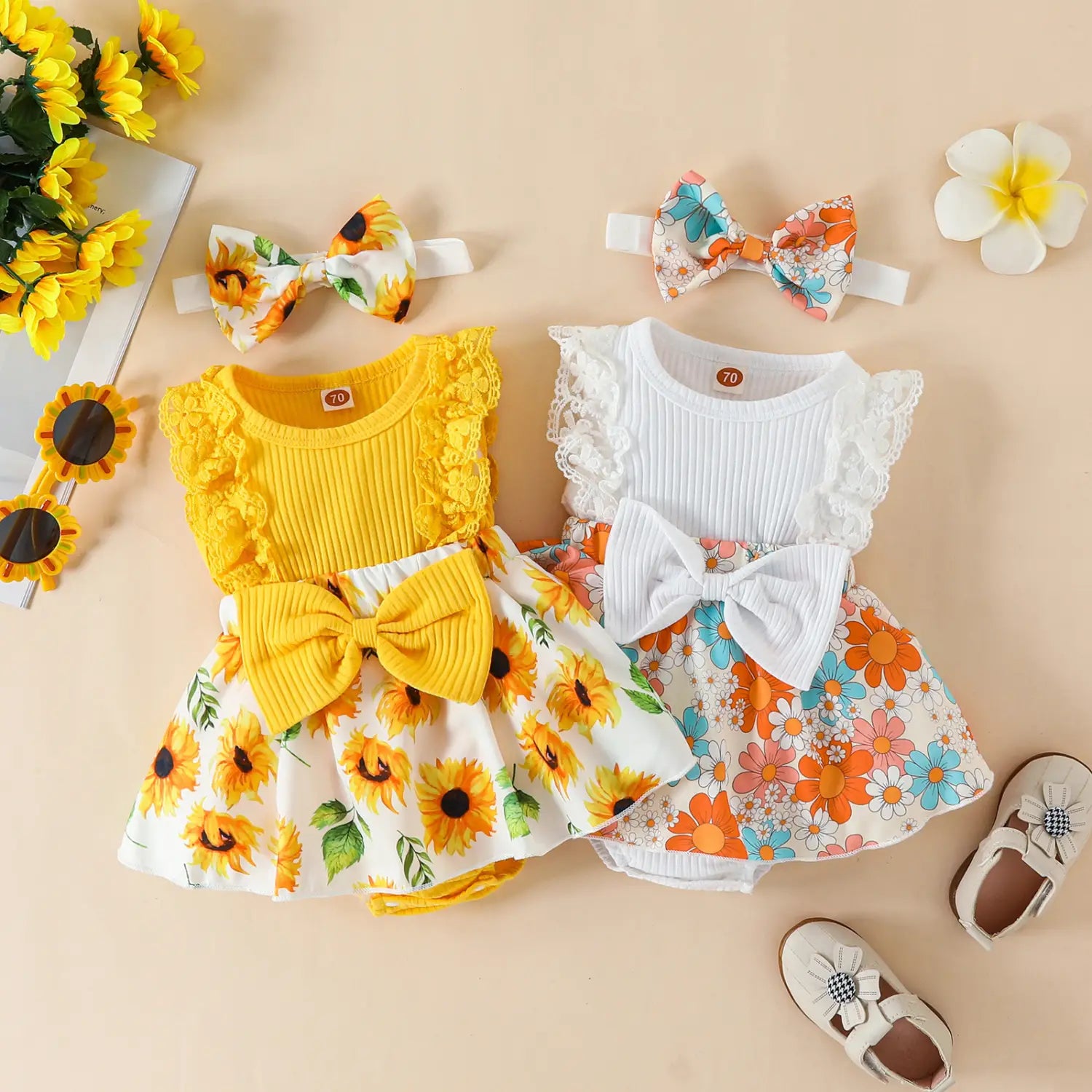 Ibaby and children’s set with pit strip lace splicing flower full print jumpsuit
