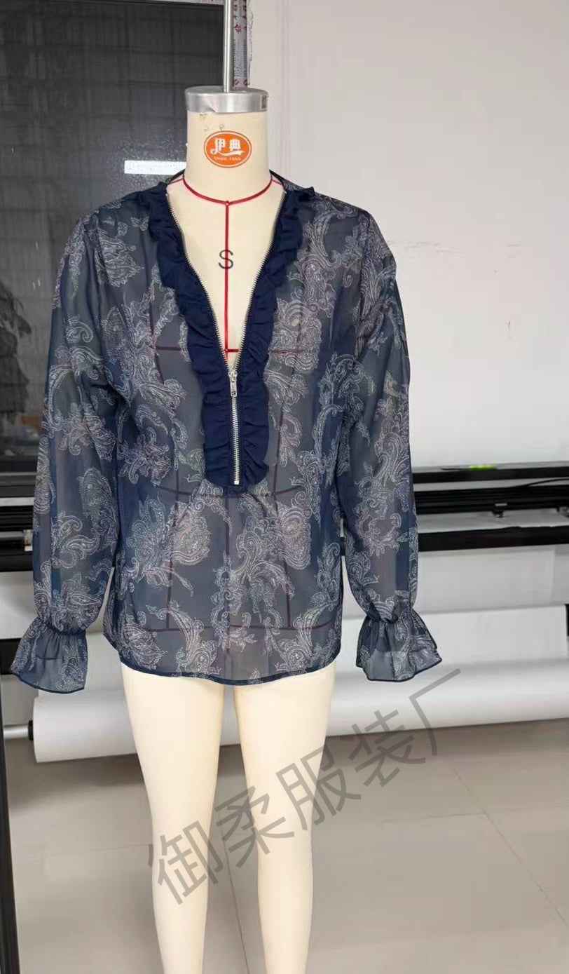 Romantic Boho Deep V-Neck Paisley Ruffle Chiffon Shirt