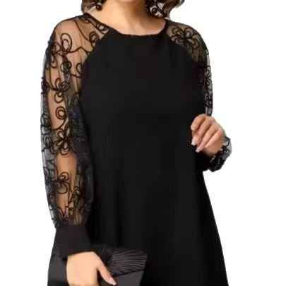 Elegant  Style Patchwork Lace Long Sleeve Round Neck Dress