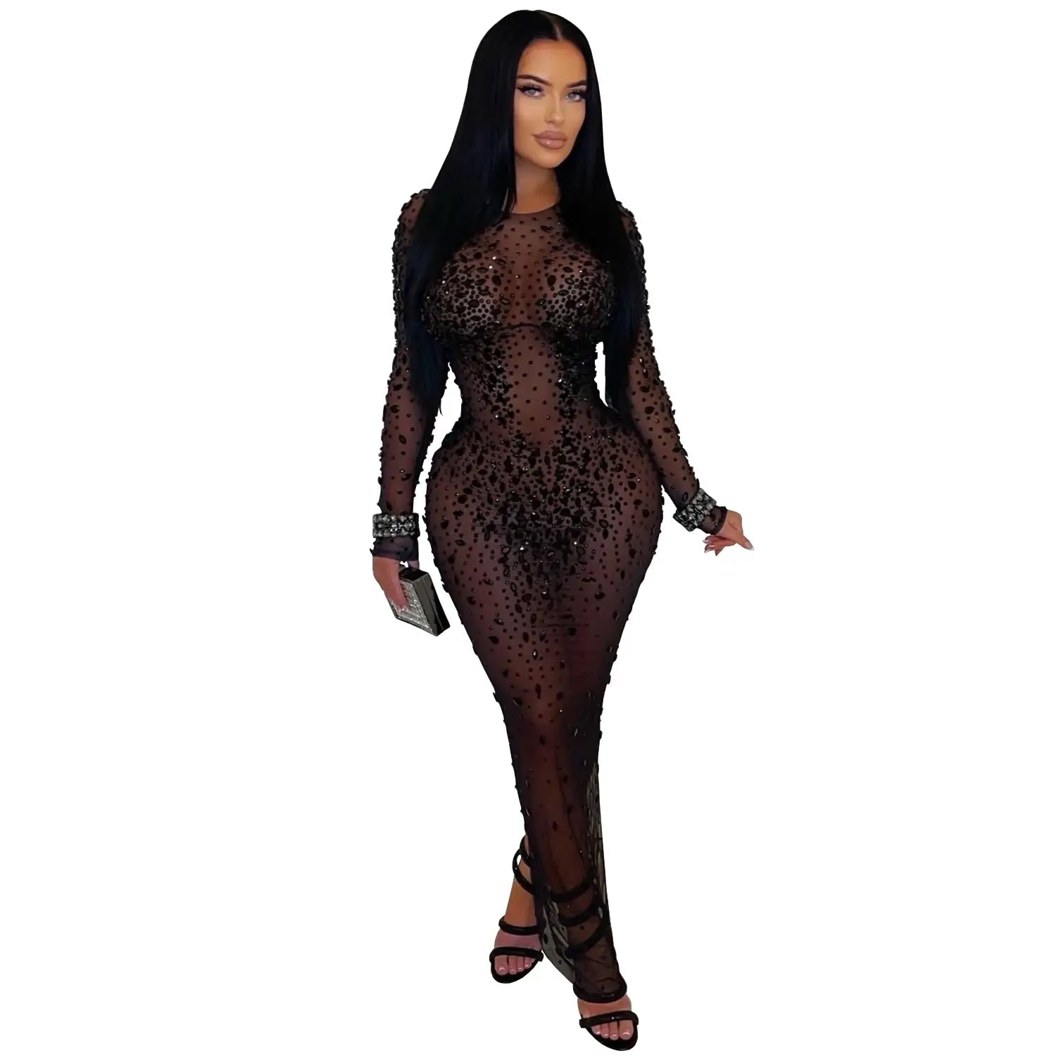 Sexy Sheer Mesh Rhinestone Bodycon Dress