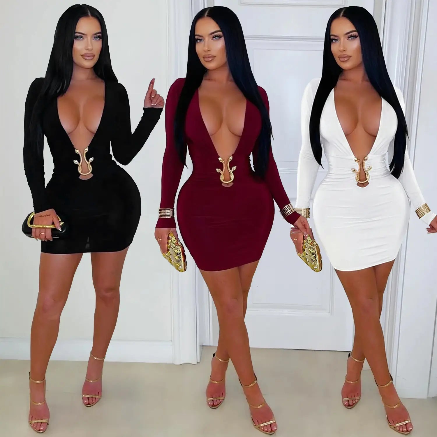 Fashionable women’s sexy deep v-neck bodycon dress with snake pattern accessories