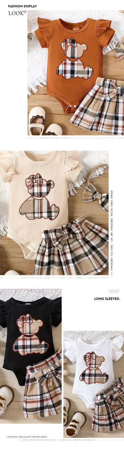 Newborn baby girl summer style teddy bear sticker embroidery bag fart triangle ha clothes plaid butterfly