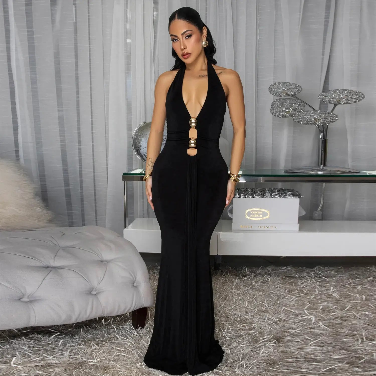 Fashion women’s sexy backless halter deep v neck solid color dress