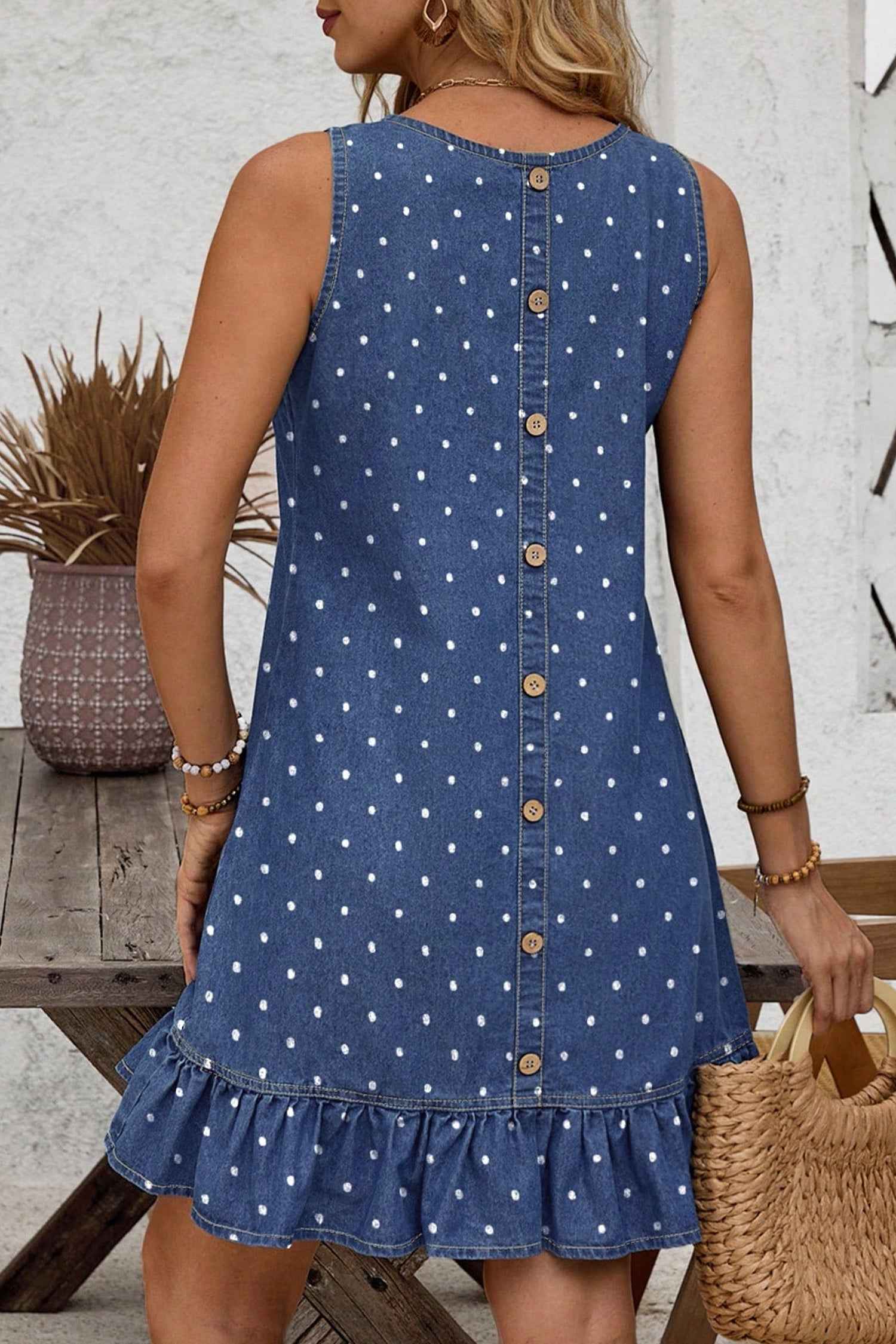 Blue Polka Dot Ruffle Hem Sleeveless Shift Dress Mini Vacation Wholesale