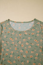 Sky Blue Floral Print Mesh Slim Fit Long Sleeve Top