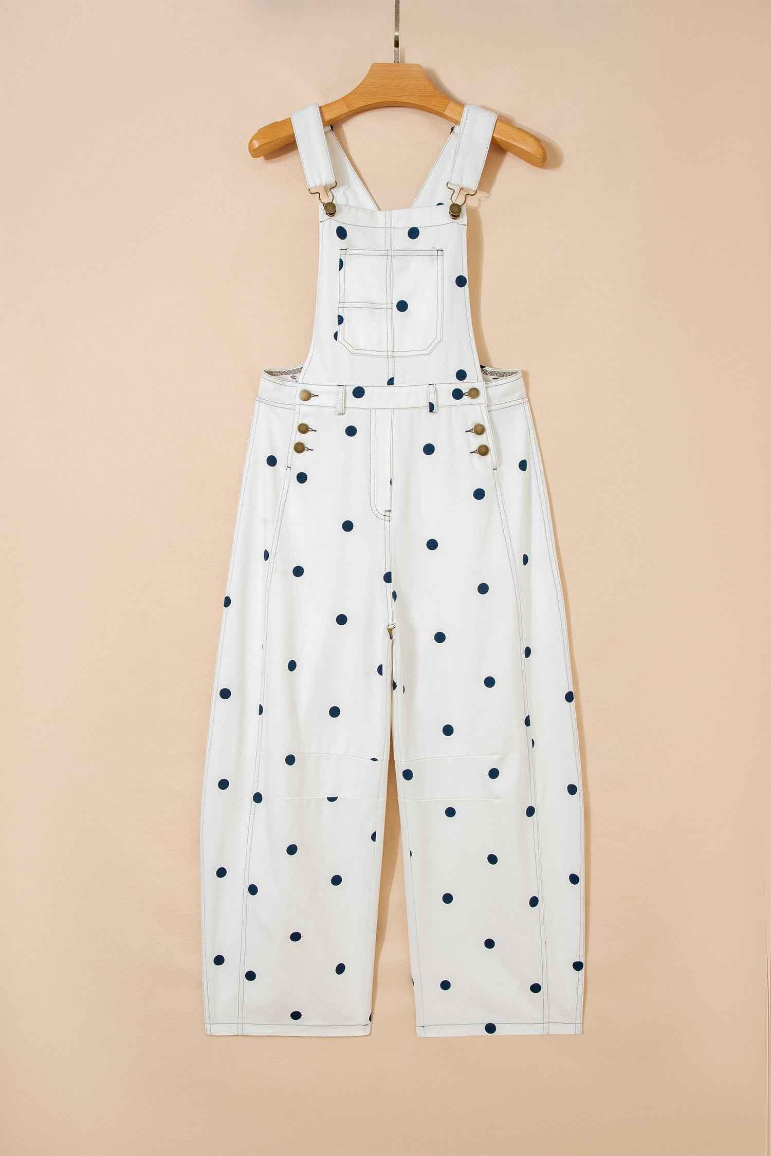 Jet Stream Polka Dot Print Bib Pocket Denim Barrel Overalls Jumpsuit
