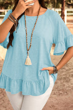 Dusk Blue Ruffle Hem Plus Size Flowy Blouse