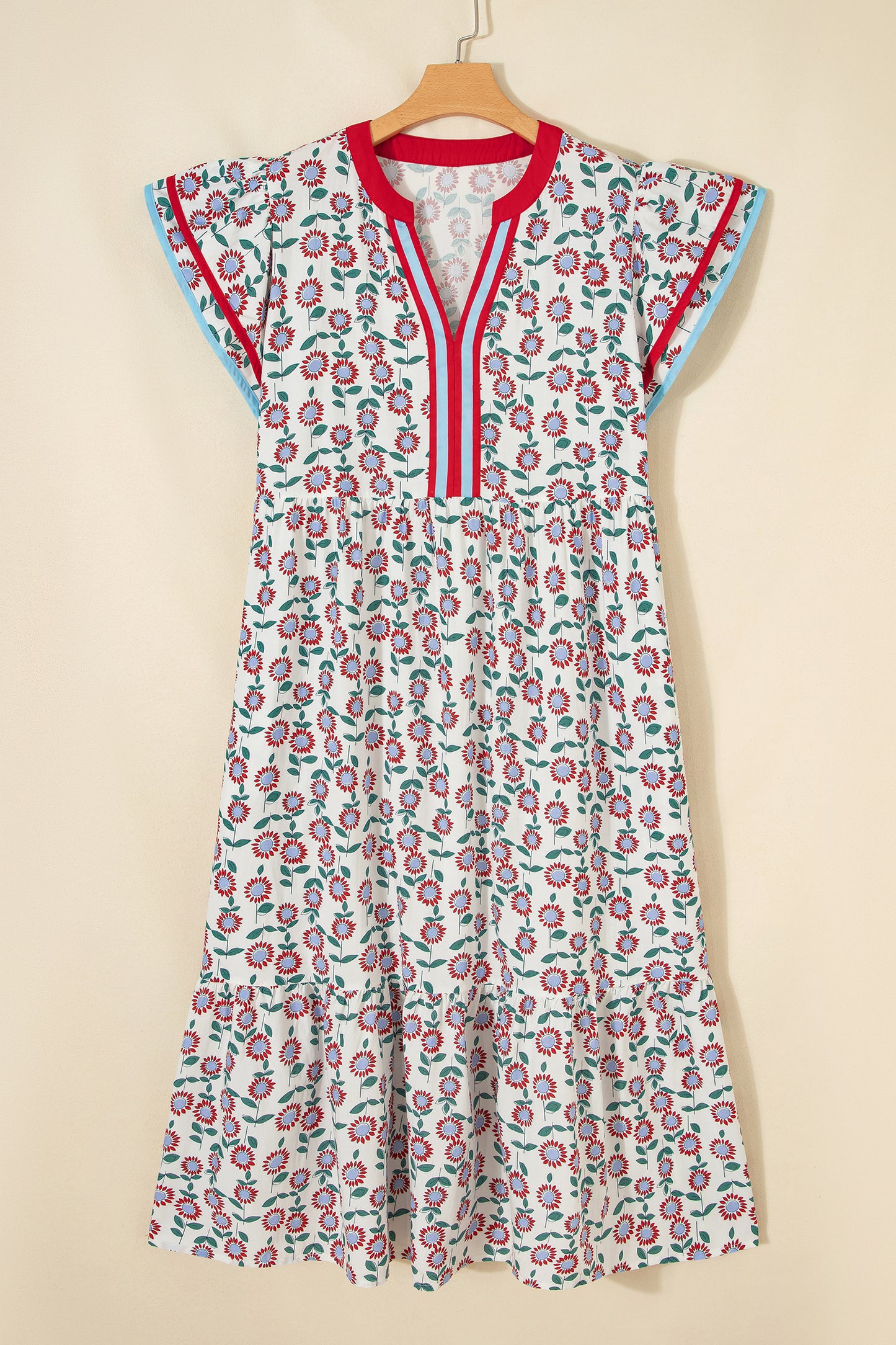 Sky Blue Cute Sunflower Printed Striped Patchwork Trim Flutter Sleeve Long Dress