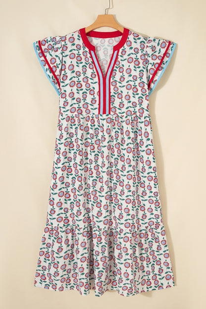 Sky Blue Cute Sunflower Printed Striped Patchwork Trim Flutter Sleeve Long Dress