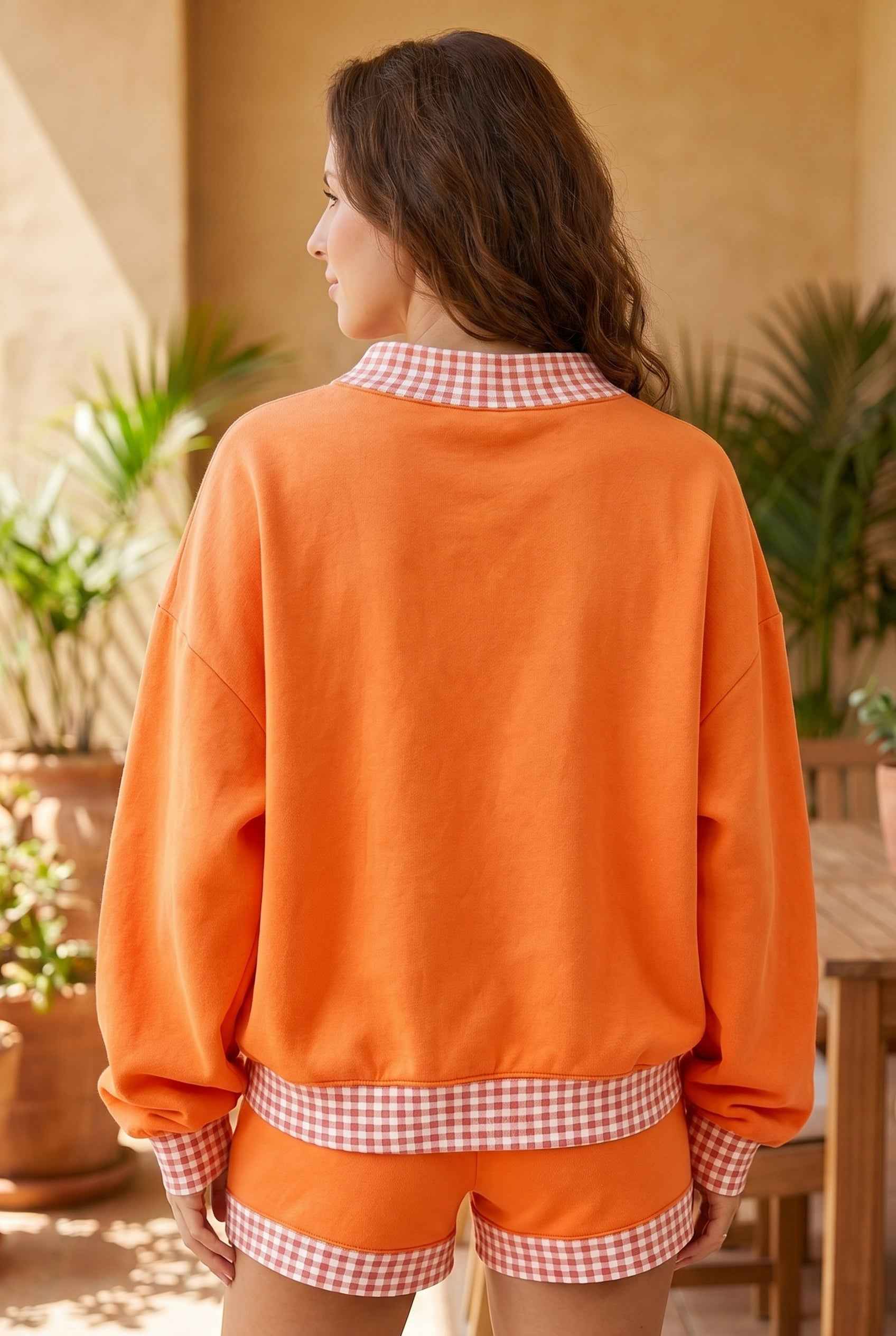 Carrot Gingham Trim Baggy Pullover 2pcs Short Set