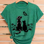 2026 Womens Chic Cat Dog Butterfly Print Summer Tee