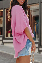 Black Frayed Batwing Sleeve Textured Cotton Blouse