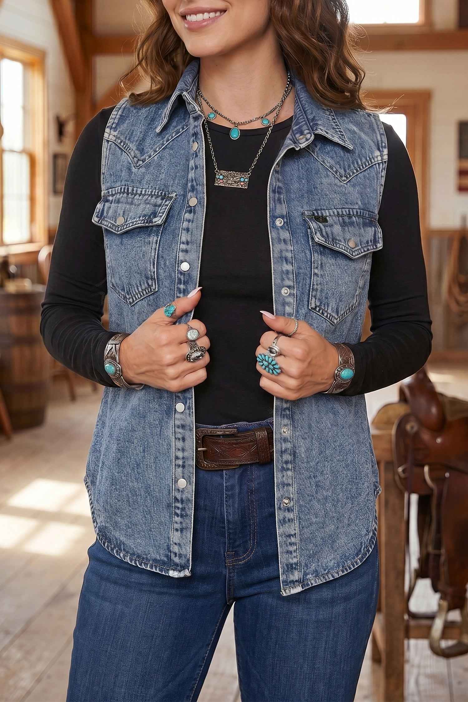 Ashleigh Blue Solid Denim Button Front Pocket Sleeveless Cowboy Vest