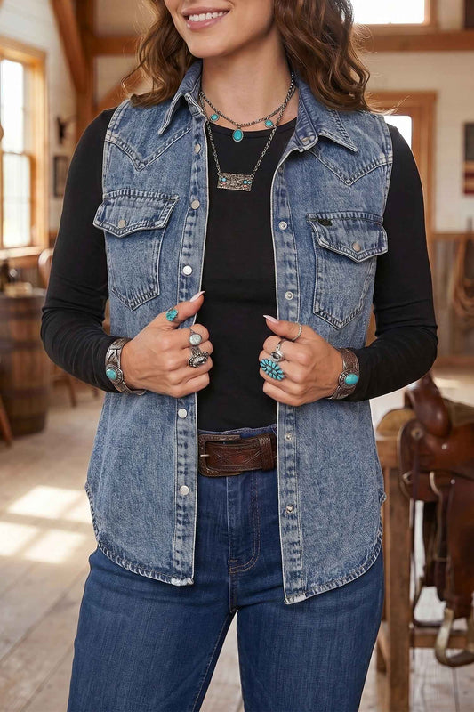 Ashleigh Blue Solid Denim Button Front Pocket Sleeveless Cowboy Vest