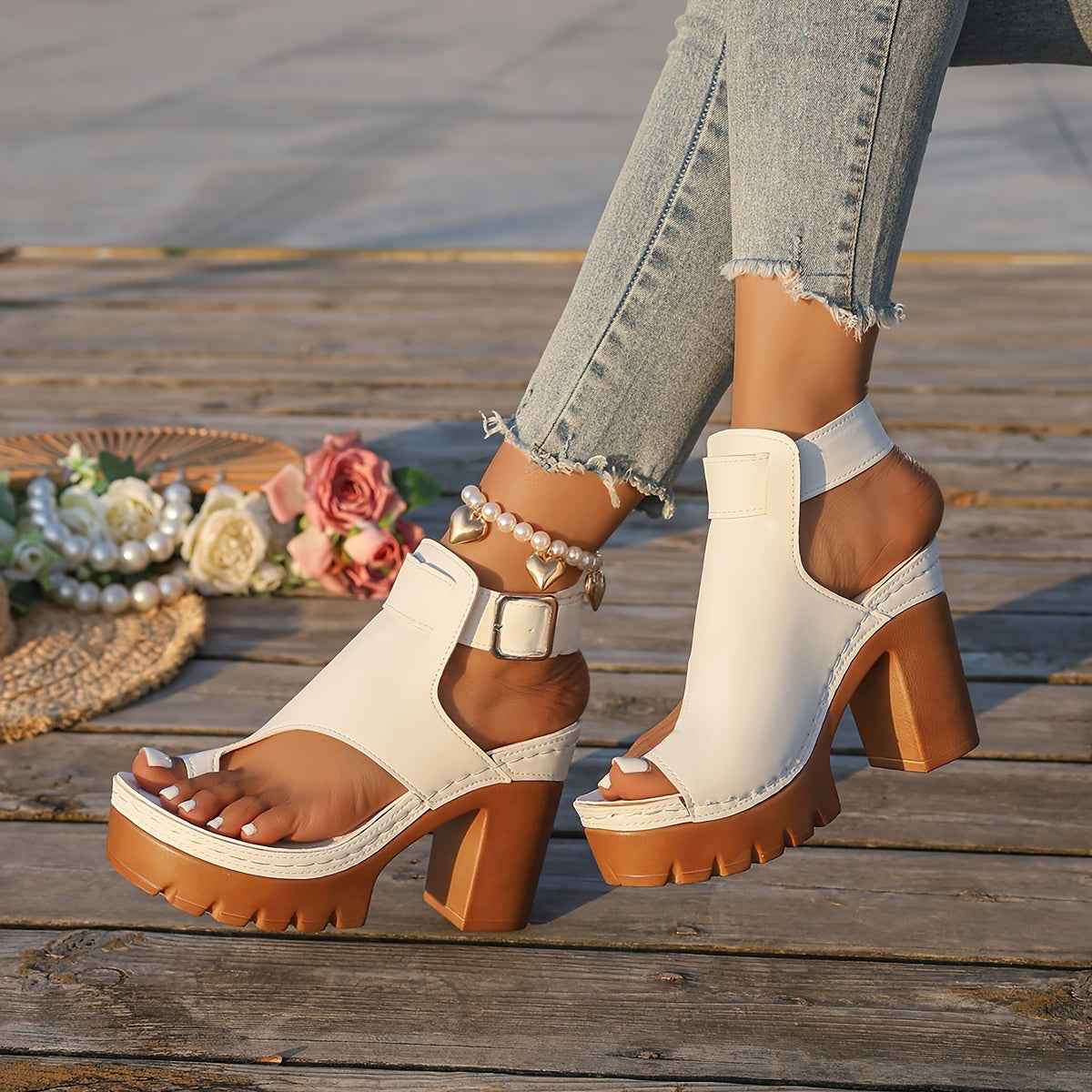 Elegant White UltraHigh Heel Buckle Shoes Plus Size