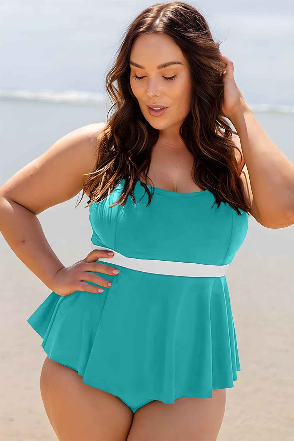 Turquoise Color Block Contrast Waistband Plus Size Flare Two Piece Tankini Swimsuit
