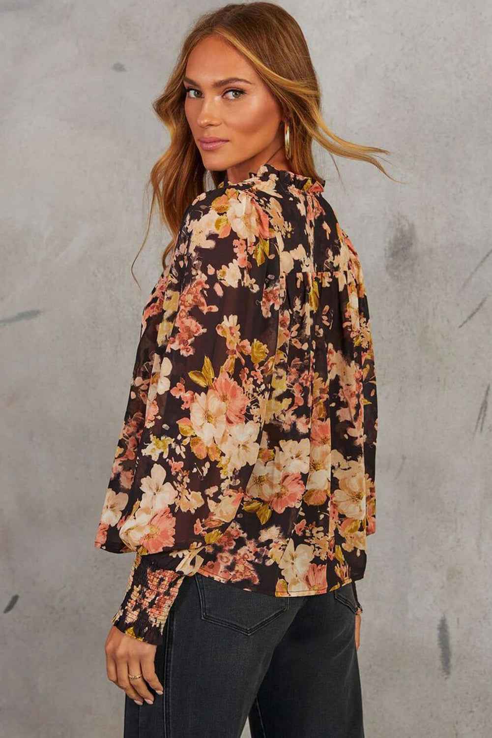 Black Floral V Neck Long Puff Sleeve Breezy Blouse