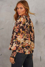 Black Floral V Neck Long Puff Sleeve Breezy Blouse