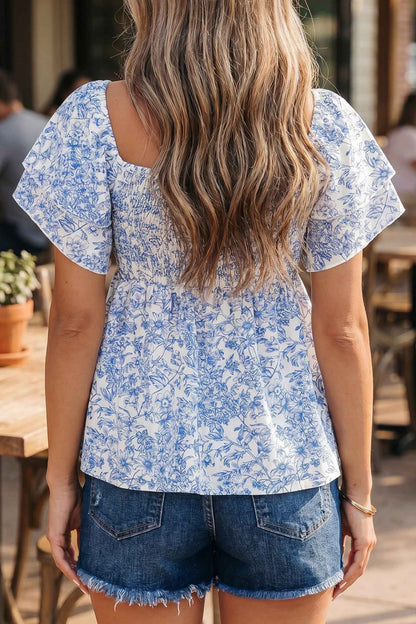 Sky Blue Floral Print Square Neck Ruffled Sleeve Shirred Babydoll Blouse
