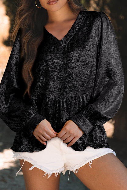 Dearlovers Gold Metallic Frilled V Neck Puff Sleeve Babydoll Blouse