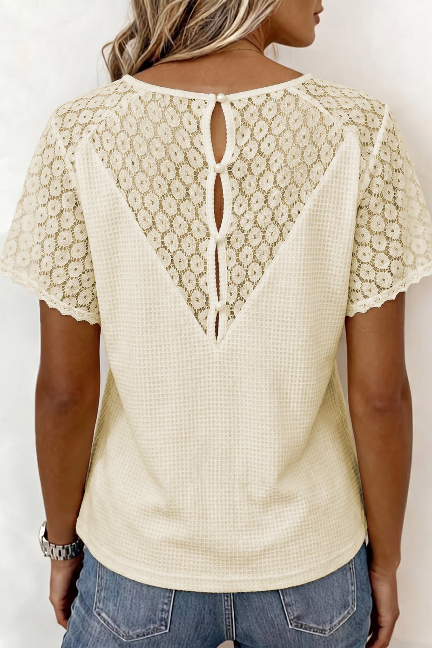 Pink Lace Splicing Button Cutout V Neck Waffle Knit Blouse