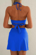 Dark Blue Crossover Tie Back Halter Bikini with Swim Bottoms