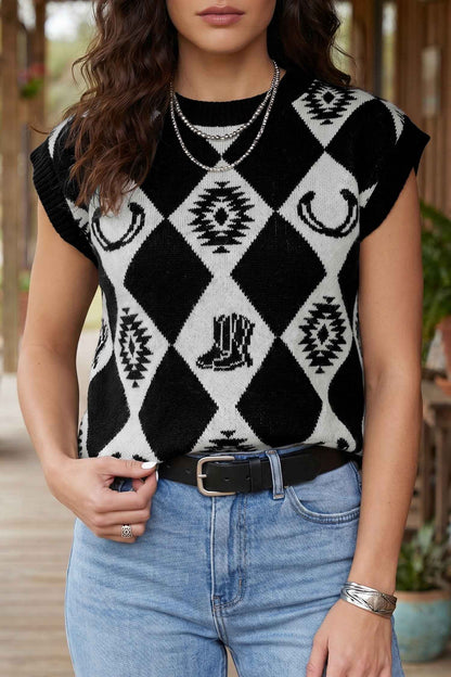 Black Retro Rhombus Western Print Drop Shoulder Short Sleeve Sweater