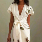 Fashion Satin Printed Belted Dress
