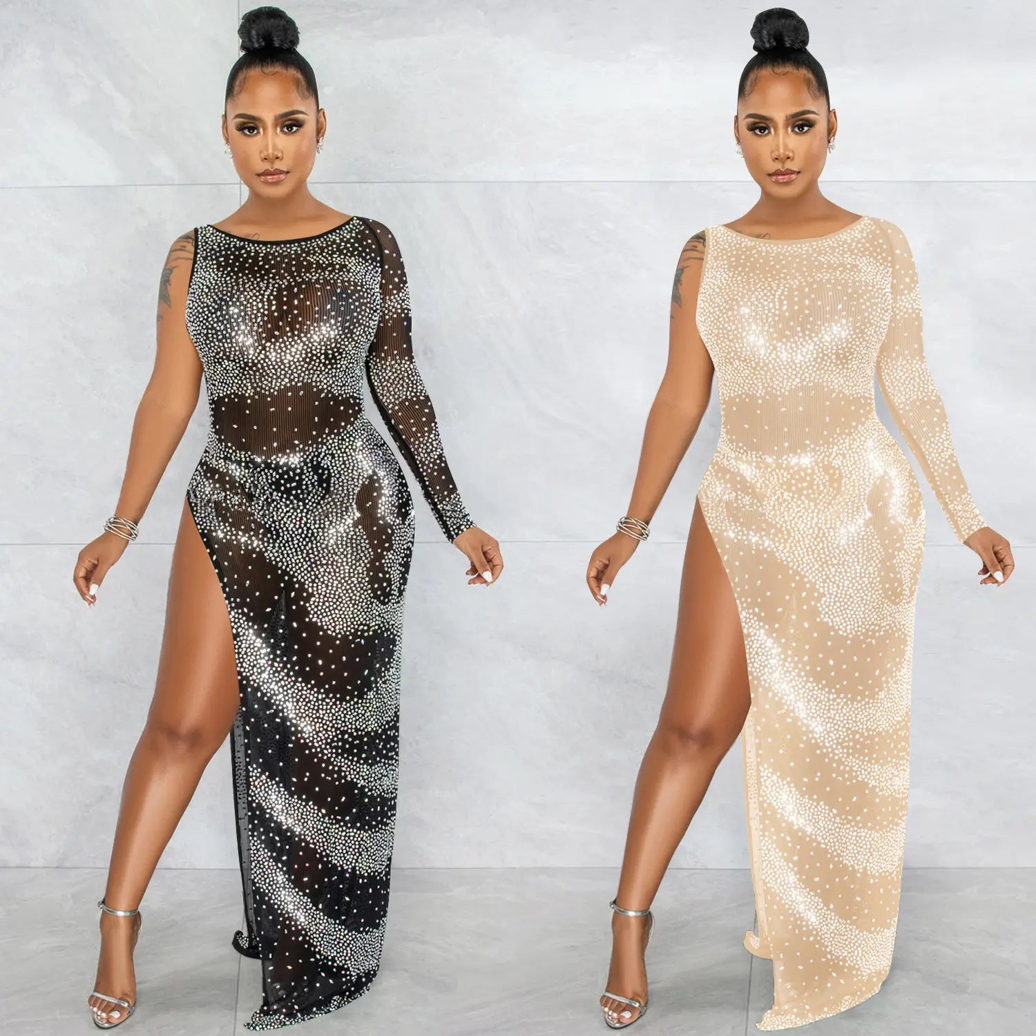 Fashion sexy nightclub rhinestone single long sleeve irregular slit maxi dress